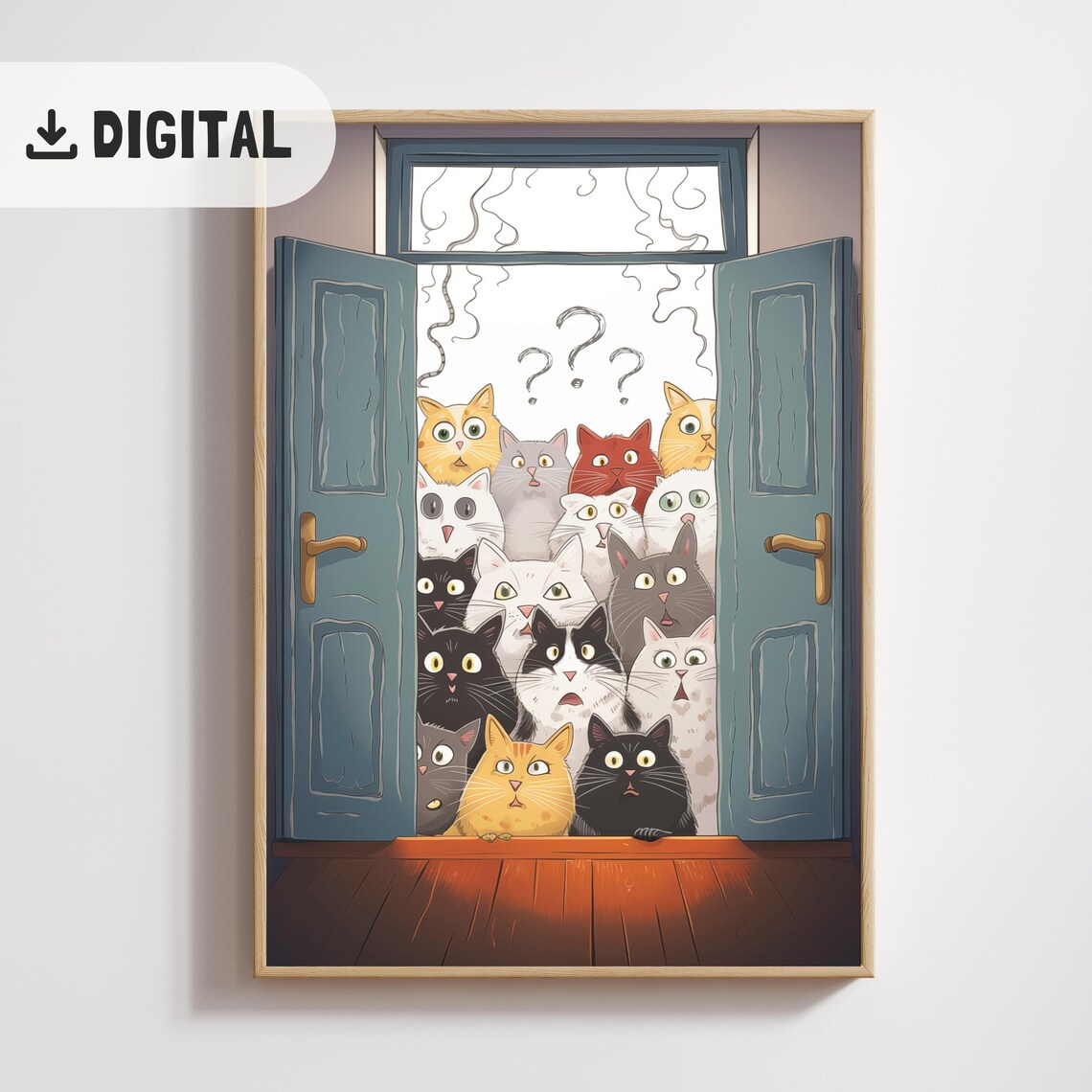 Welcome Sign with Crowd of Funny Cartoon Cats in Doorway Poster