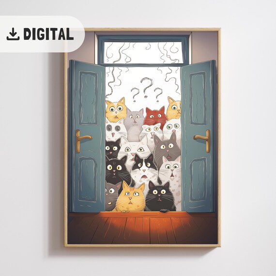 Welcome Sign with Crowd of Funny Cartoon Cats in Doorway Poster