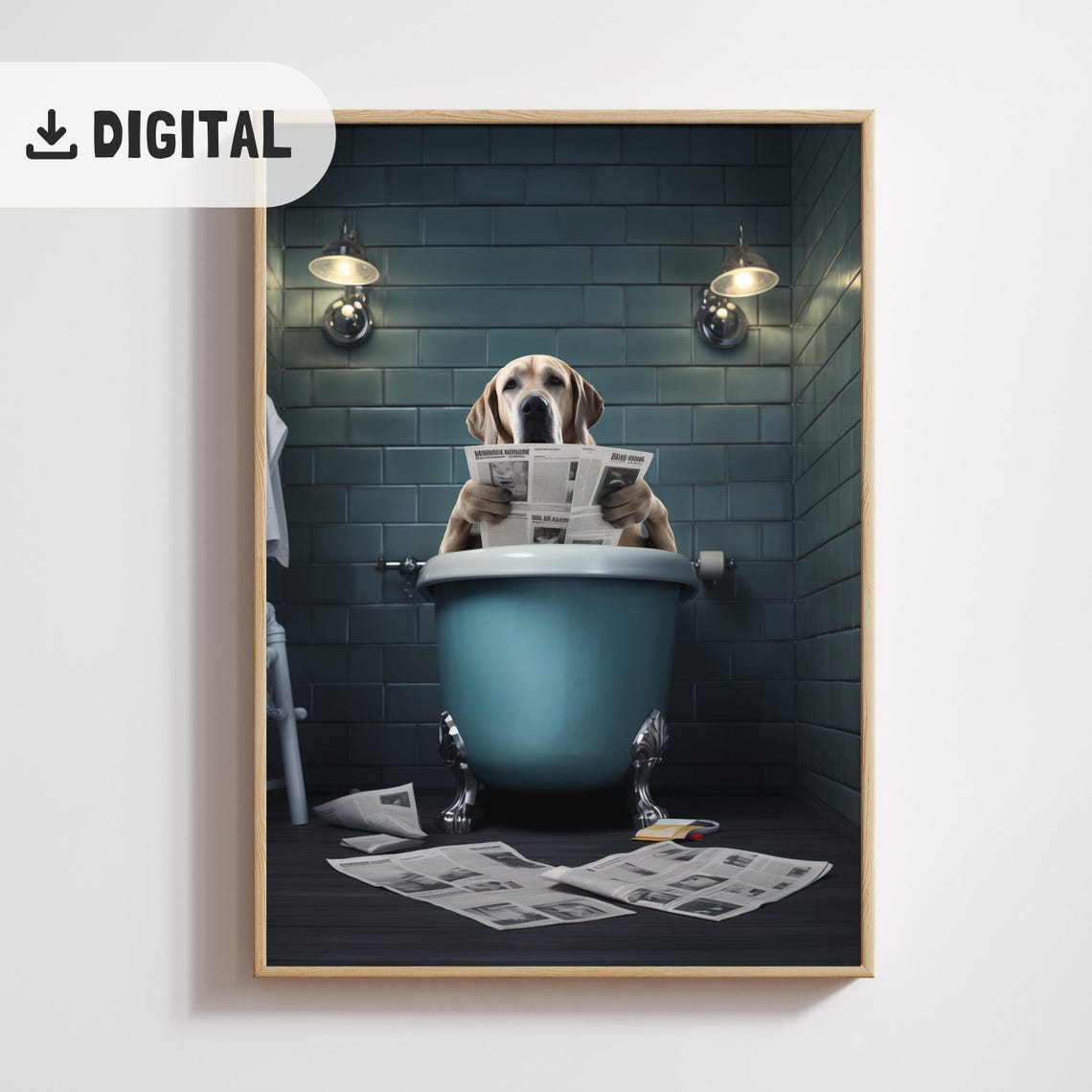 Yellow Labrador Reading Newspaper in Teal Bathtub Humor Poster