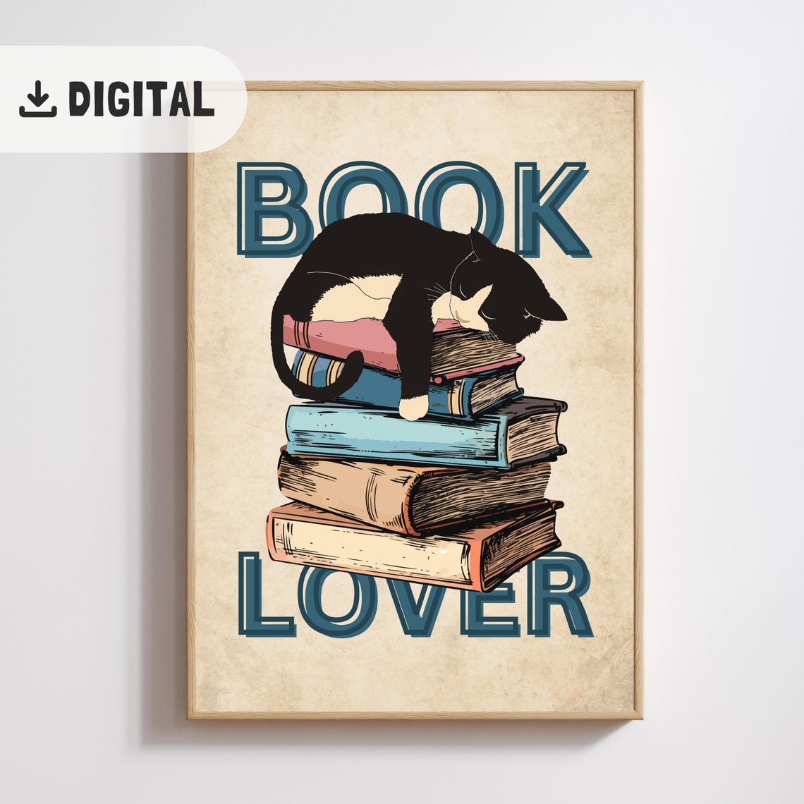 Vintage Book Lover Typographic Sleeping Cat On Book Stack Retro Poster