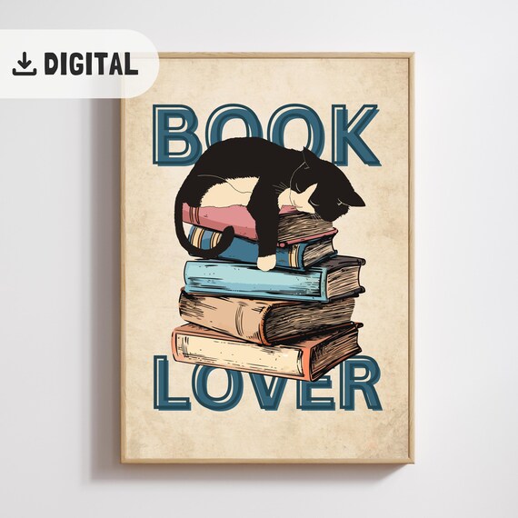 Vintage Book Lover Typographic Sleeping Cat On Book Stack Retro Poster