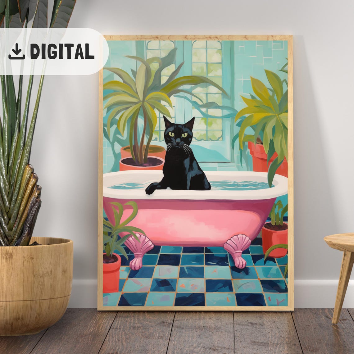 Black Cat Bathing In Pink Clawfoot Tub Tropical Bathroom Poster
