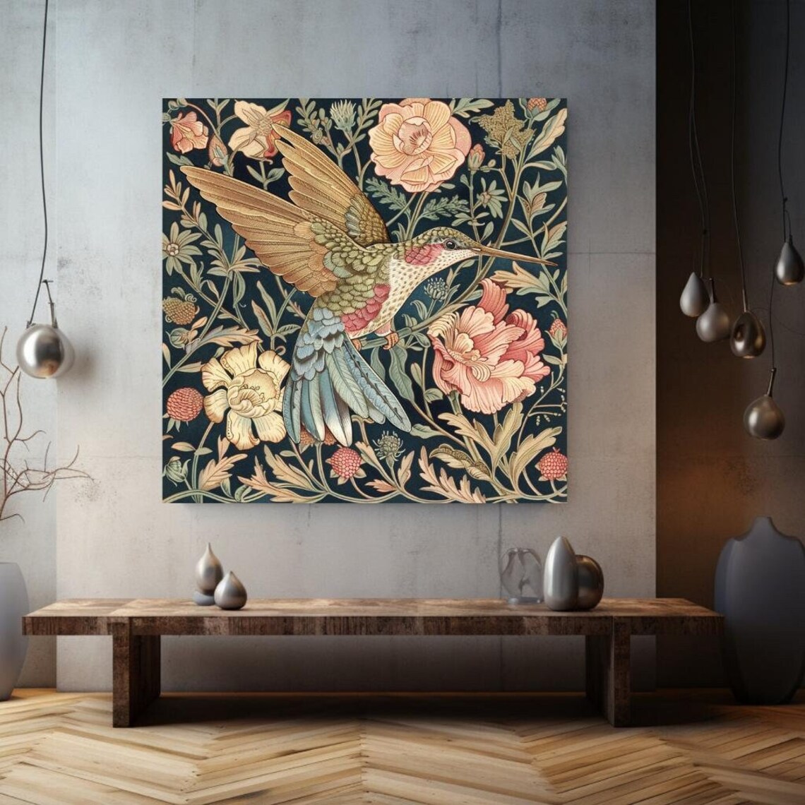 Hummingbird In Flight Floral Vines William Morris Style Vintage Poster