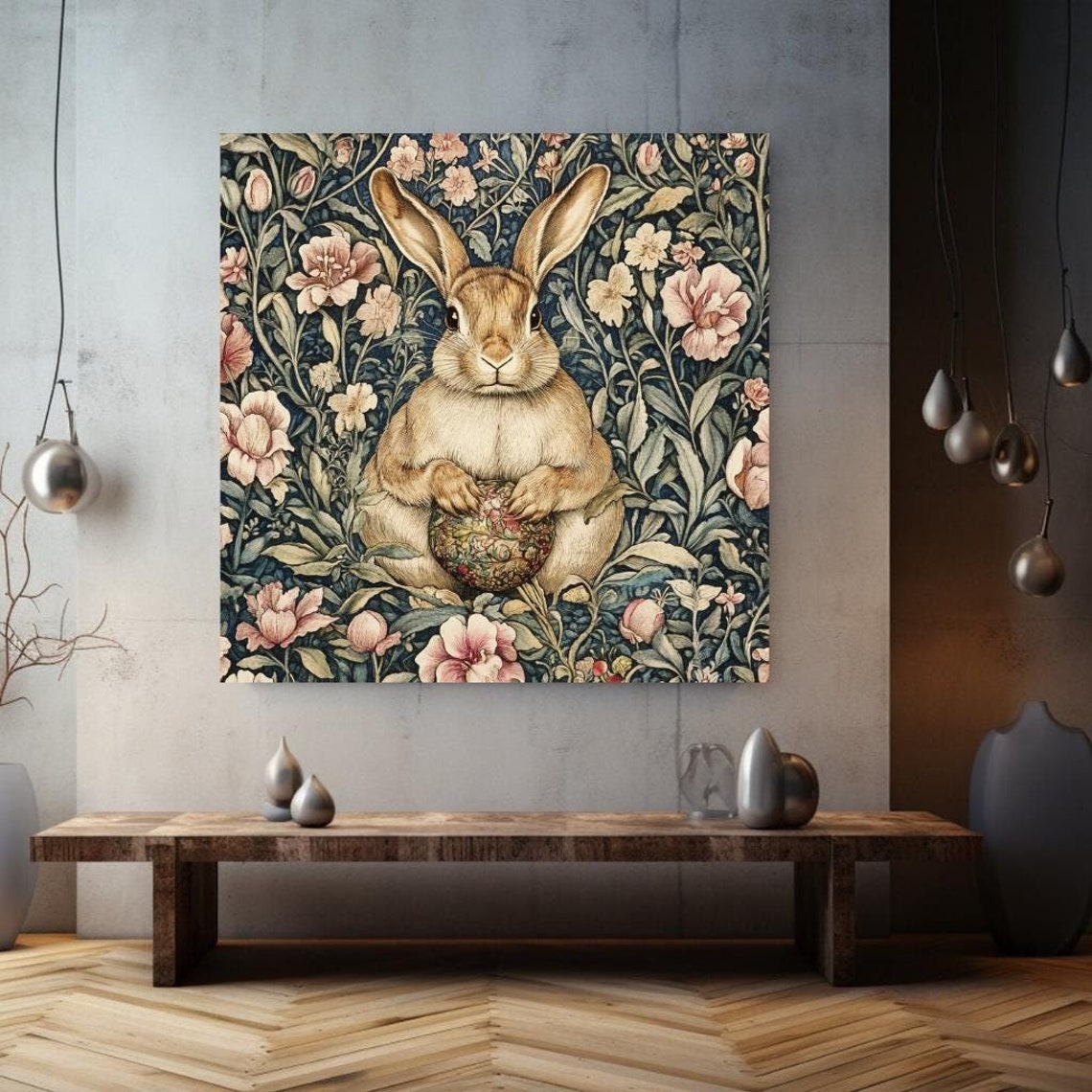 Easter Bunny Holding Decorated Egg Morris Floral Tapestry Art Print