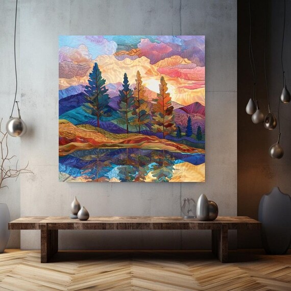 Mountain Scenery Stained Glass Style Landscape Wall Art Majestic Mountains Artwork Dreamy Mountain Serene Captivating Decor