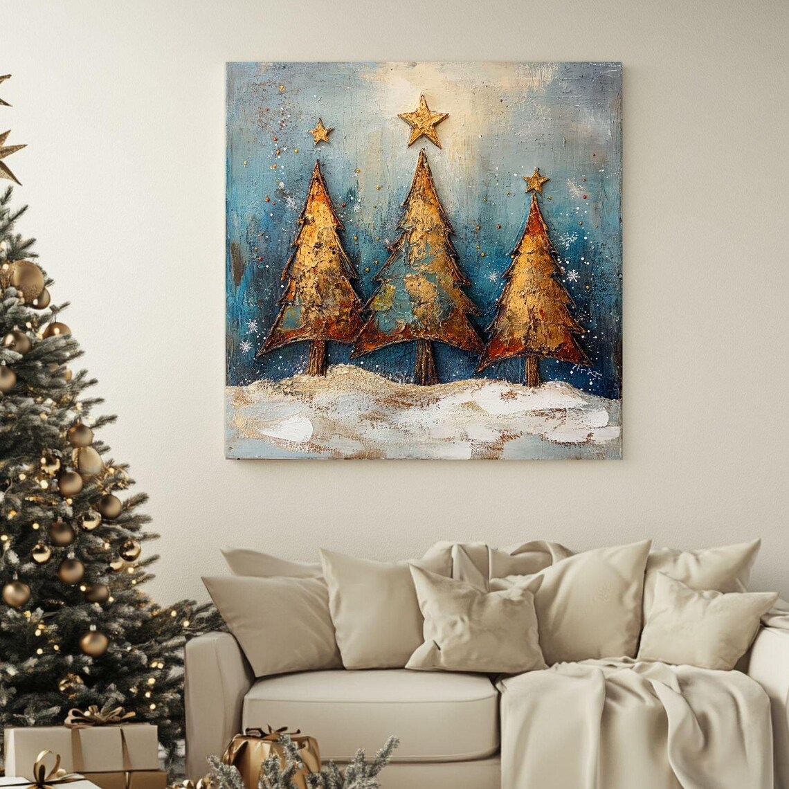 Rustic Gold Christmas Trees Snow Blue Holiday Textured Painting Poster