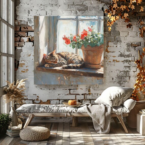 Sleeping Tabby Cat On Sunlit Windowsill Red Geranium Flowers Wall Art