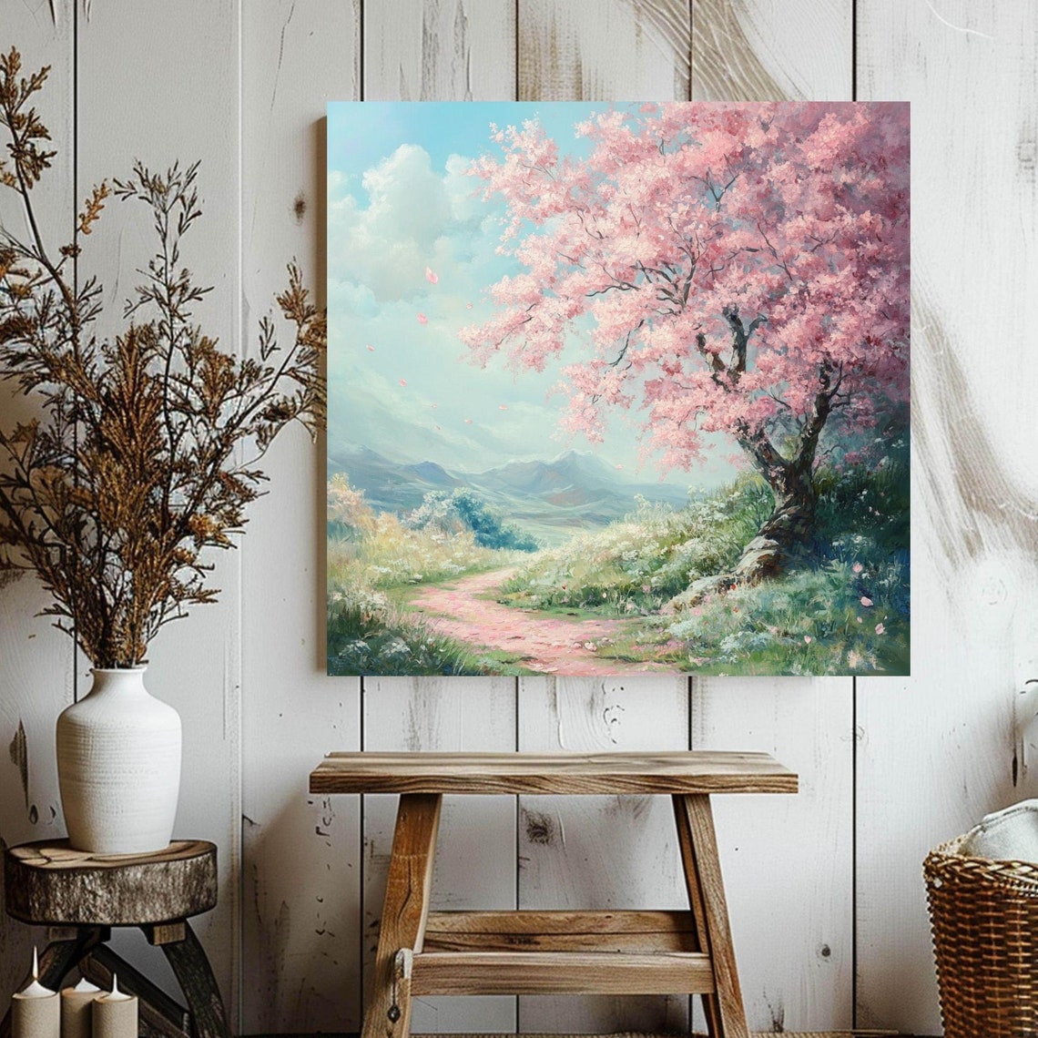 Cherry Blossom Tree Winding Path Pastel Spring Valley Art Print
