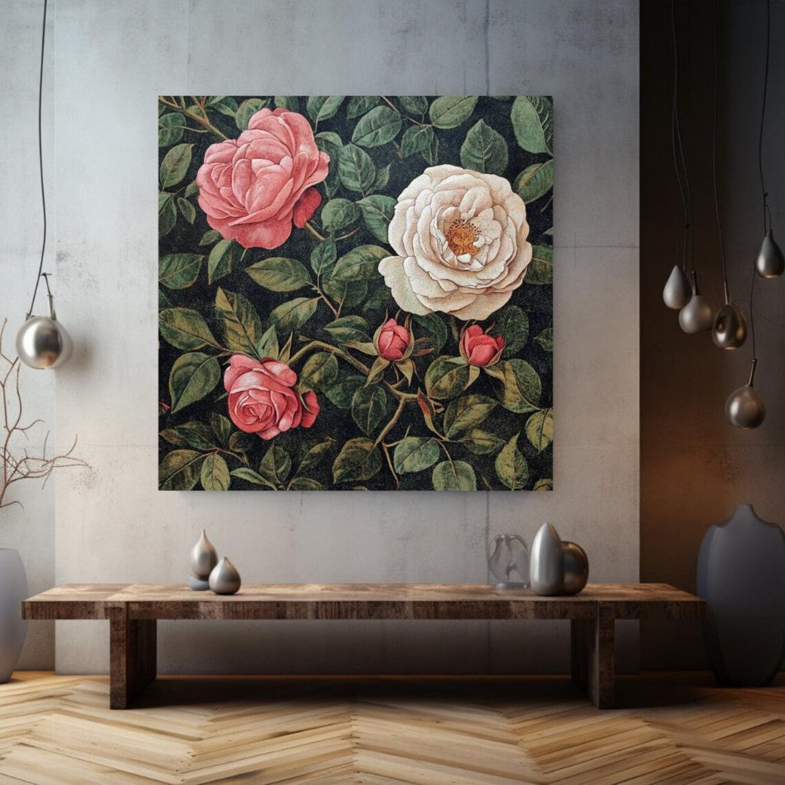 Vintage Botanical Roses Pink White Dark Green Floral Classic Wall Art
