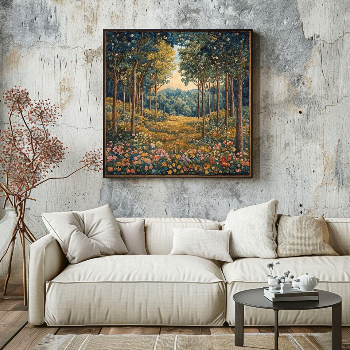 Vintage Golden Forest Glade Wildflower Sunset Tapestry Art Print