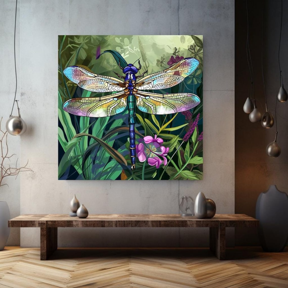 Iridescent Blue Dragonfly Green Jungle Leaves Pink Flowers Insect Art Print