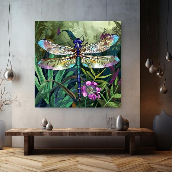 Iridescent Blue Dragonfly Green Jungle Leaves Pink Flowers Insect Art Print