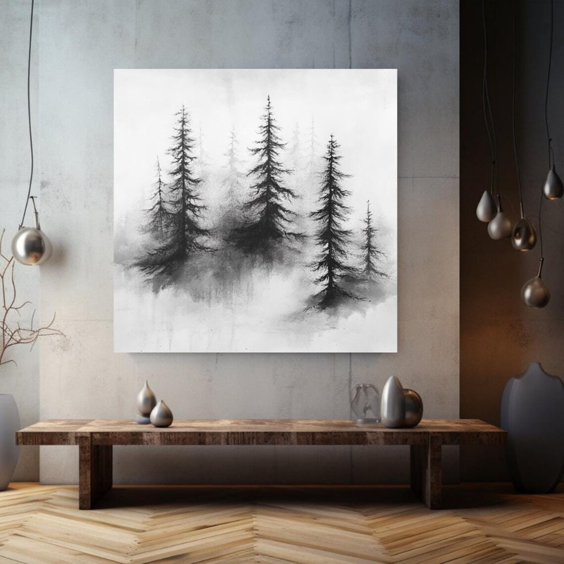 Foggy Trees Wall Decor Black And White Wall Art Pine Trees Wall Art Mystical Home Decor Monochrome Nature Wall Art Forest Decor