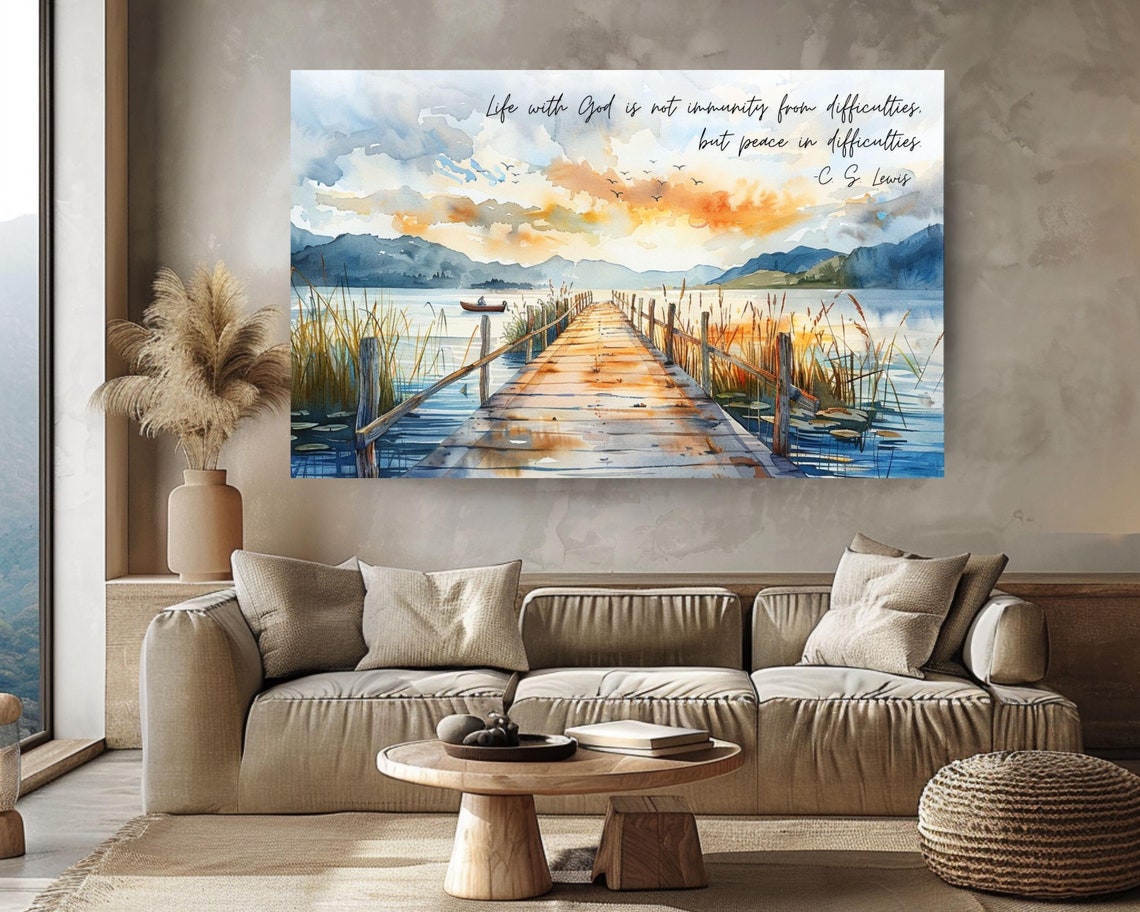 C. S. Lewis Faith Quote Watercolor Lake Sunset Pier Wall Poster