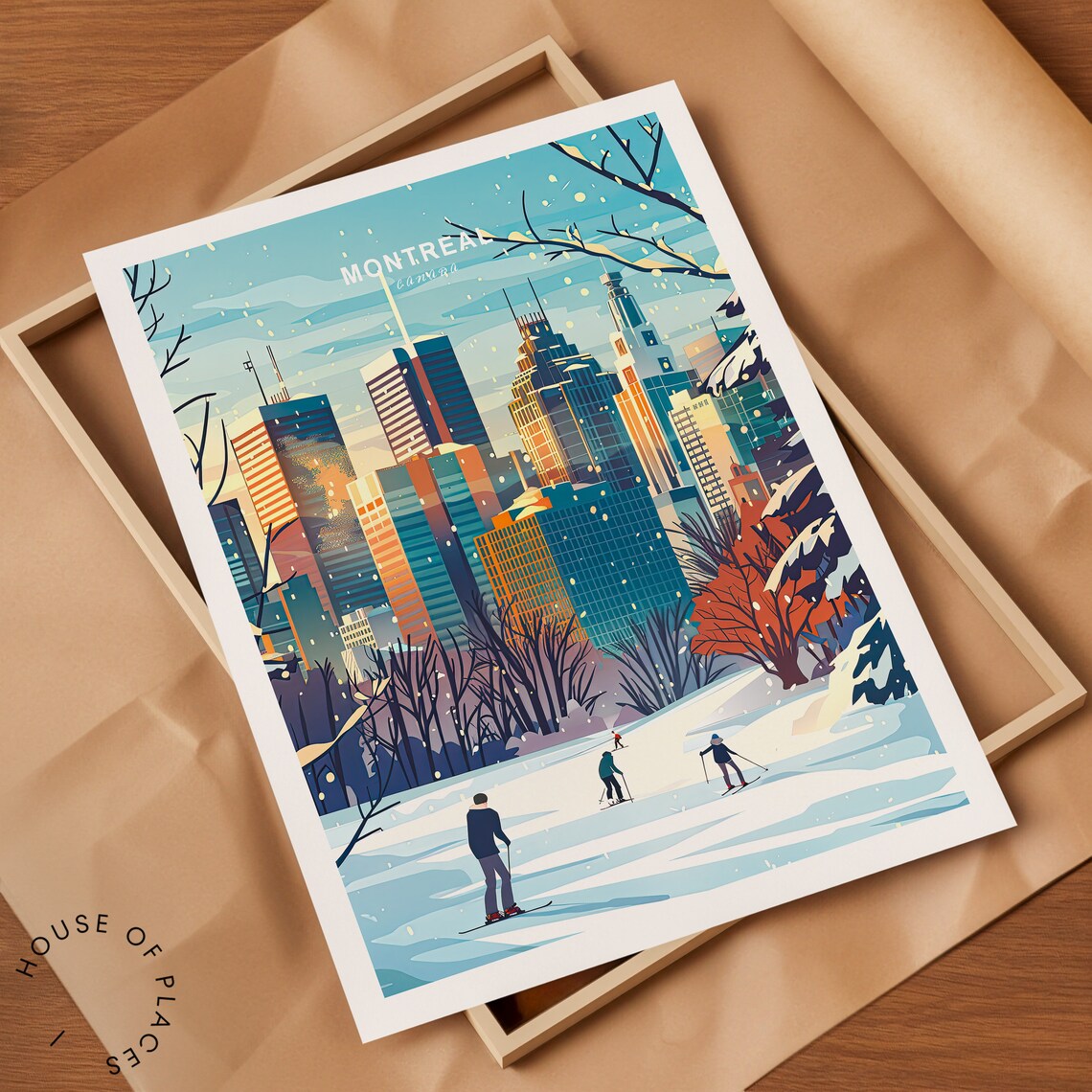 Montreal Canada Winter Skyline Ice Skaters Vintage Travel Poster - Image 2