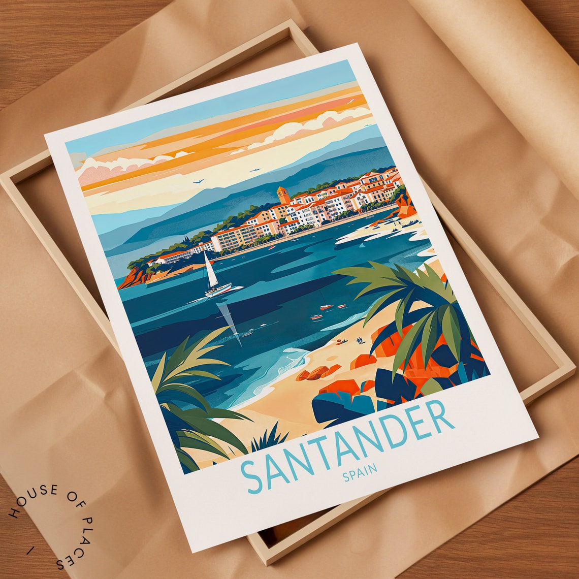 Santander Spain Coastal Sailboat Beach Sunset Retro Travel Poster - Image 2