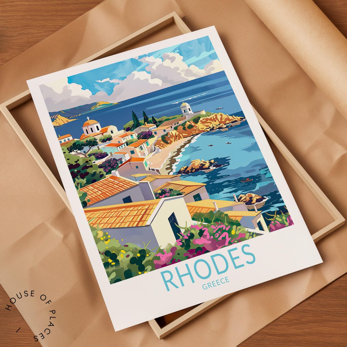 Rhodes Greece Whitewashed Village Over the Aegean Sea Travel Poster - Image 2