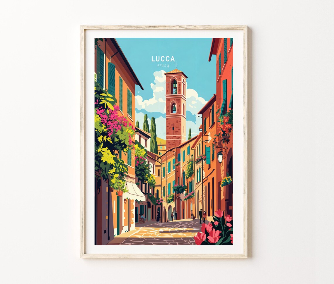 Lucca Italy Sunlit Street Bell Tower Blooming Balconies Poster - Image 3