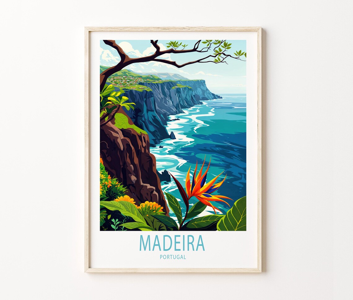 Madeira Portugal Dramatic Sea Cliffs Bird of Paradise Flower Poster - Image 3