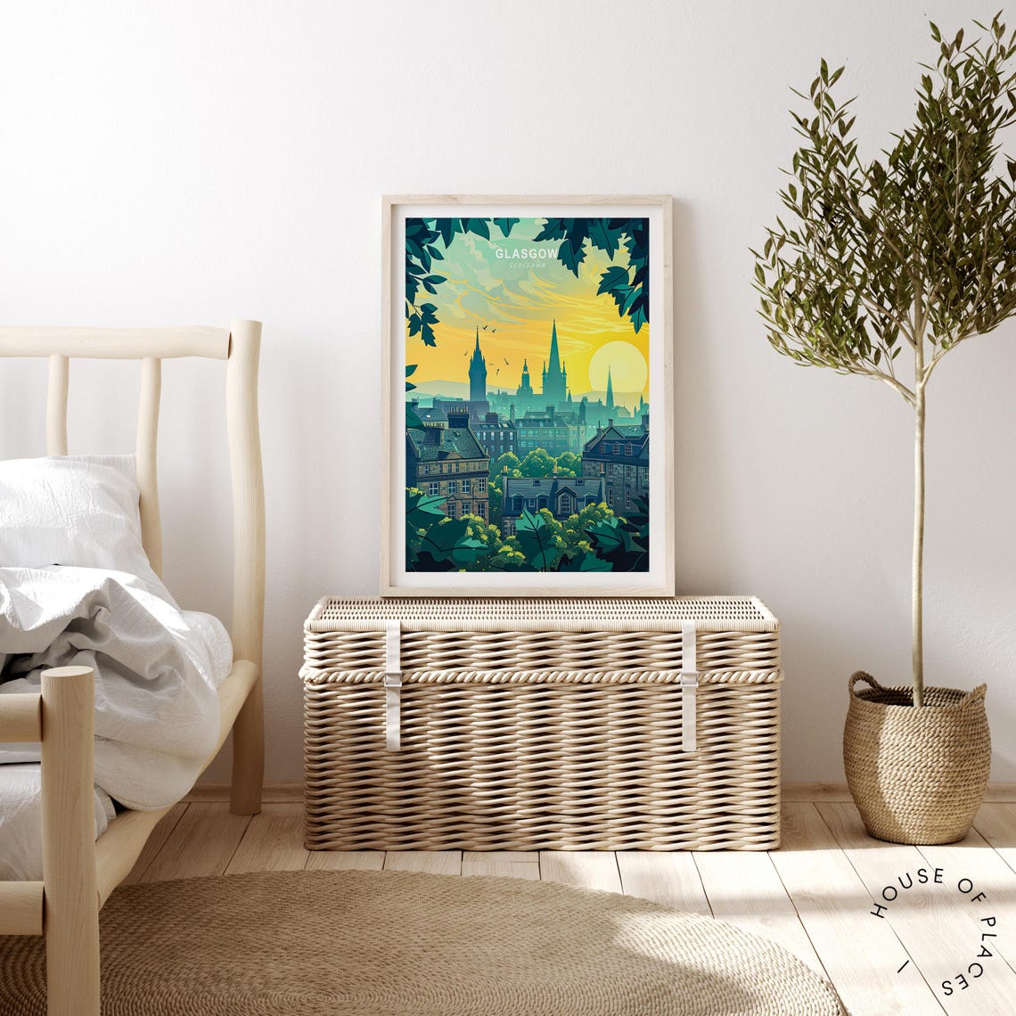 Glasgow Scotland City Skyline at Golden Sunset Through Leaves Poster - Image 4