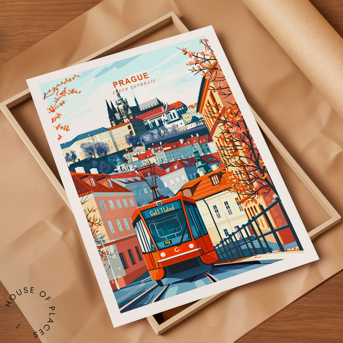Prague Autumn Tram Castle Hill View Czech Republic Travel Poster - Image 2