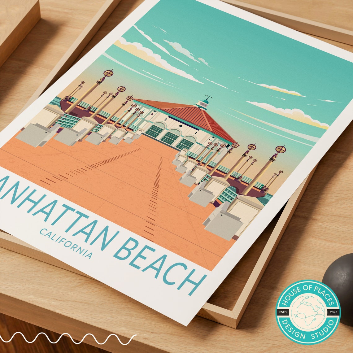 Manhattan Beach Pier California Retro Travel Illustration Poster - Image 2