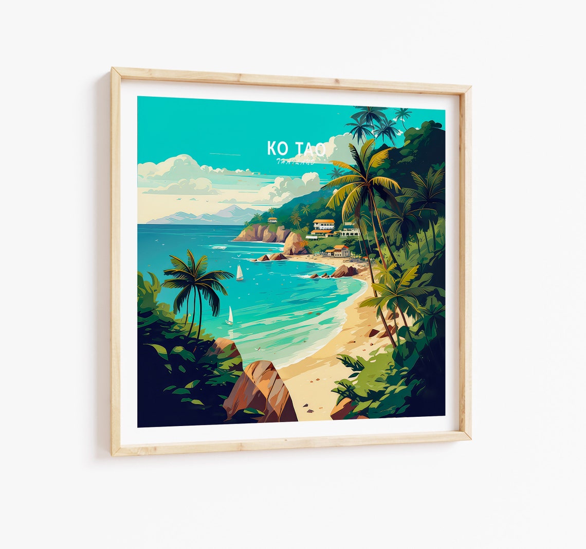 Ko Tao Thailand Tropical Palm Beach Square Retro Travel Poster