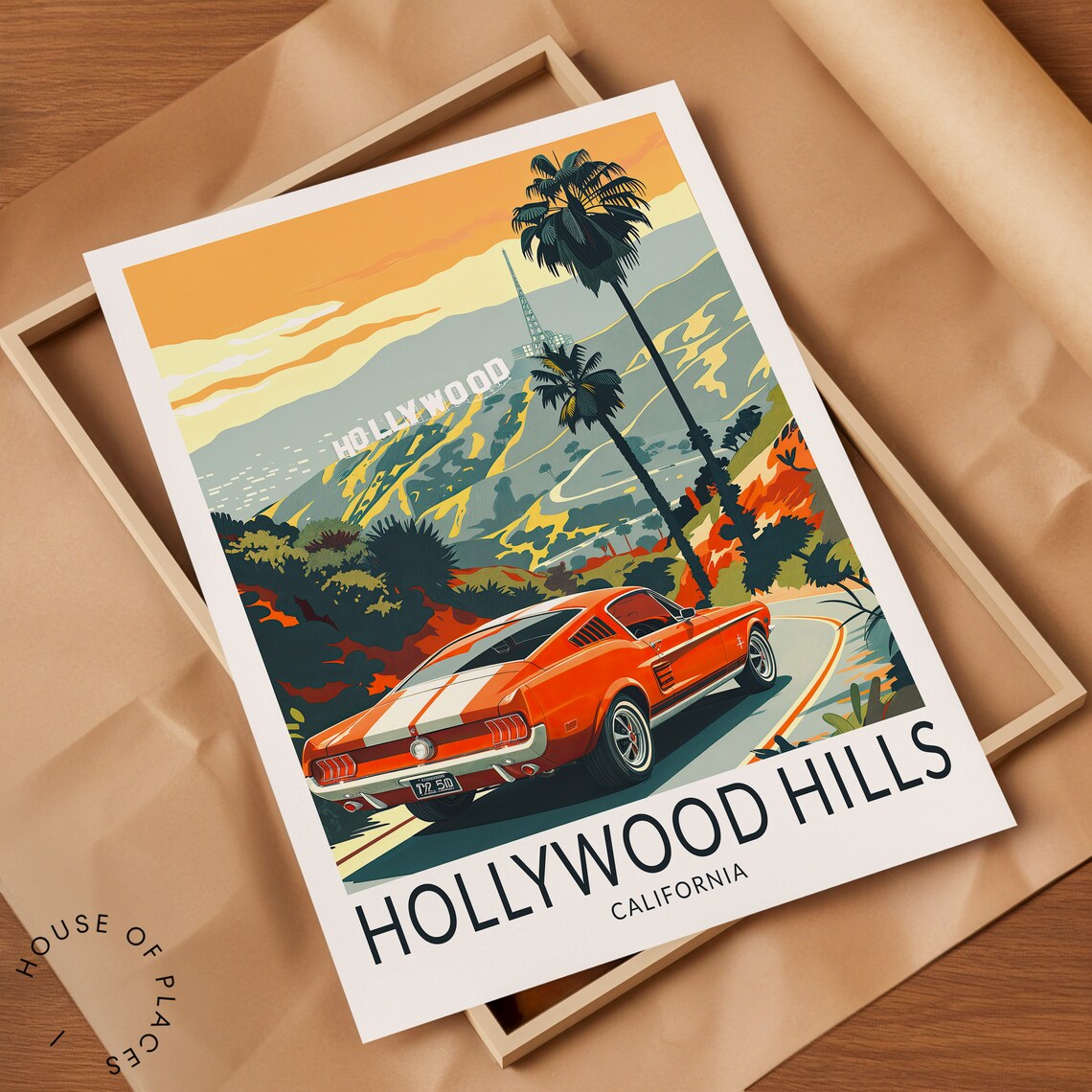 Hollywood Hills California Mustang Muscle Car Retro Travel Poster - Image 2