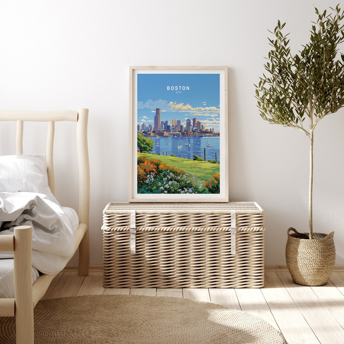 Boston USA Travel Poster Skyline With Sailboats And Harbor Flowers - Image 3