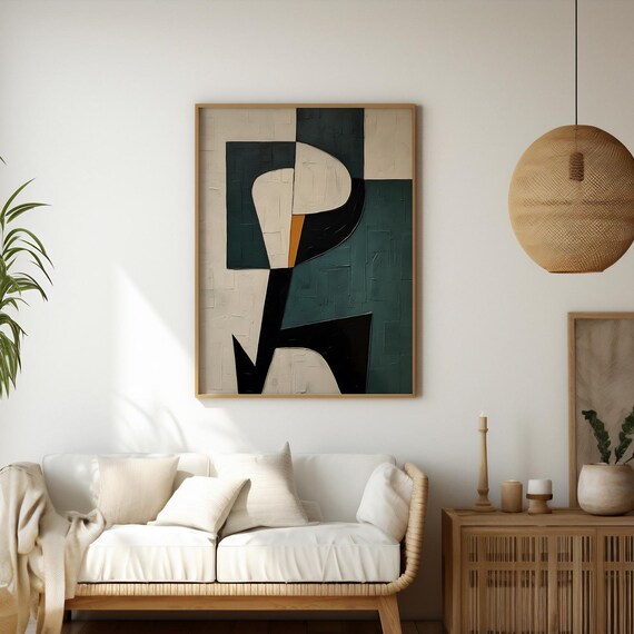 Mid Century Black Lines Geometric Abstract Teal and Cream Poster