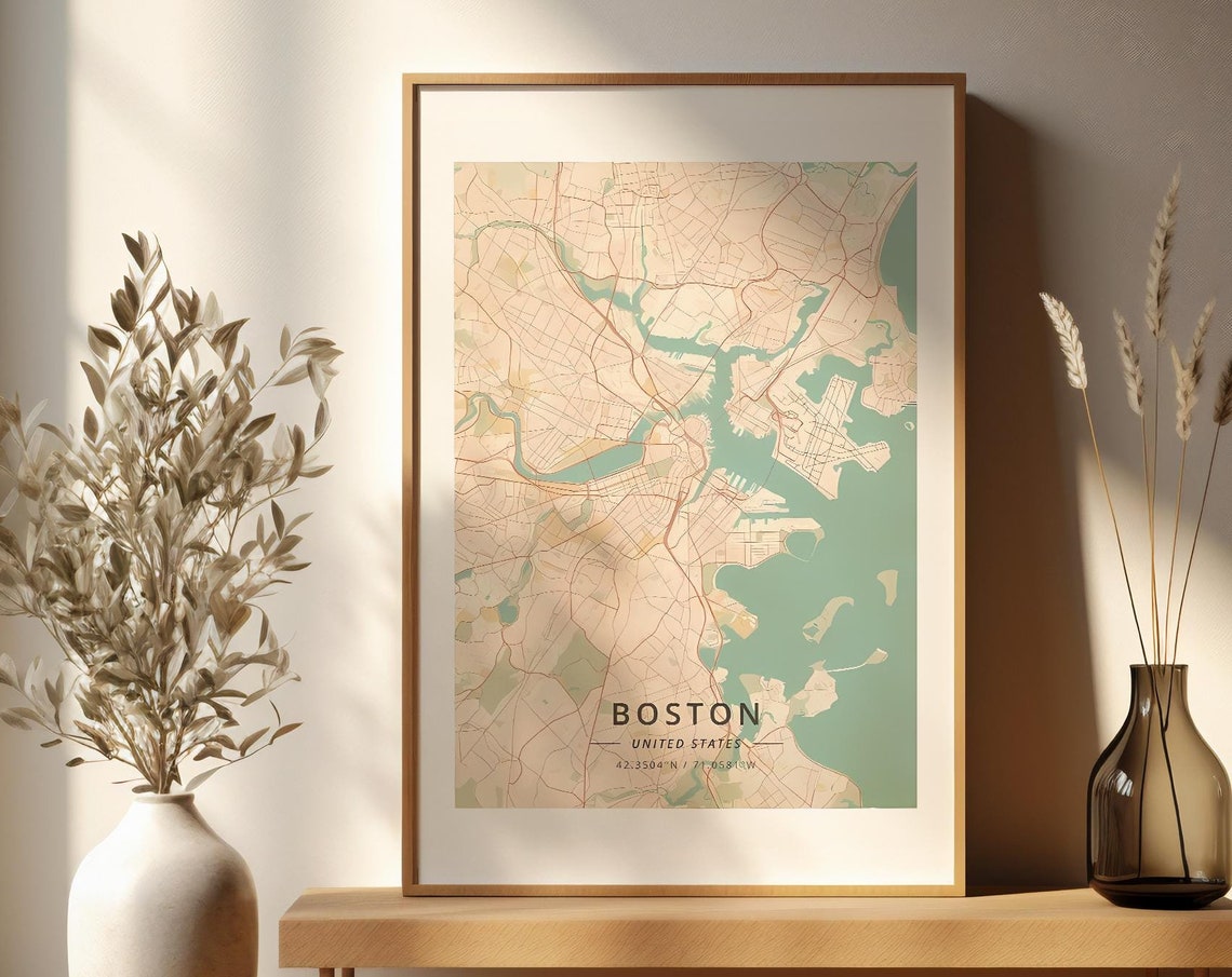 Boston United States Vintage City Map Poster in Orange and Teal