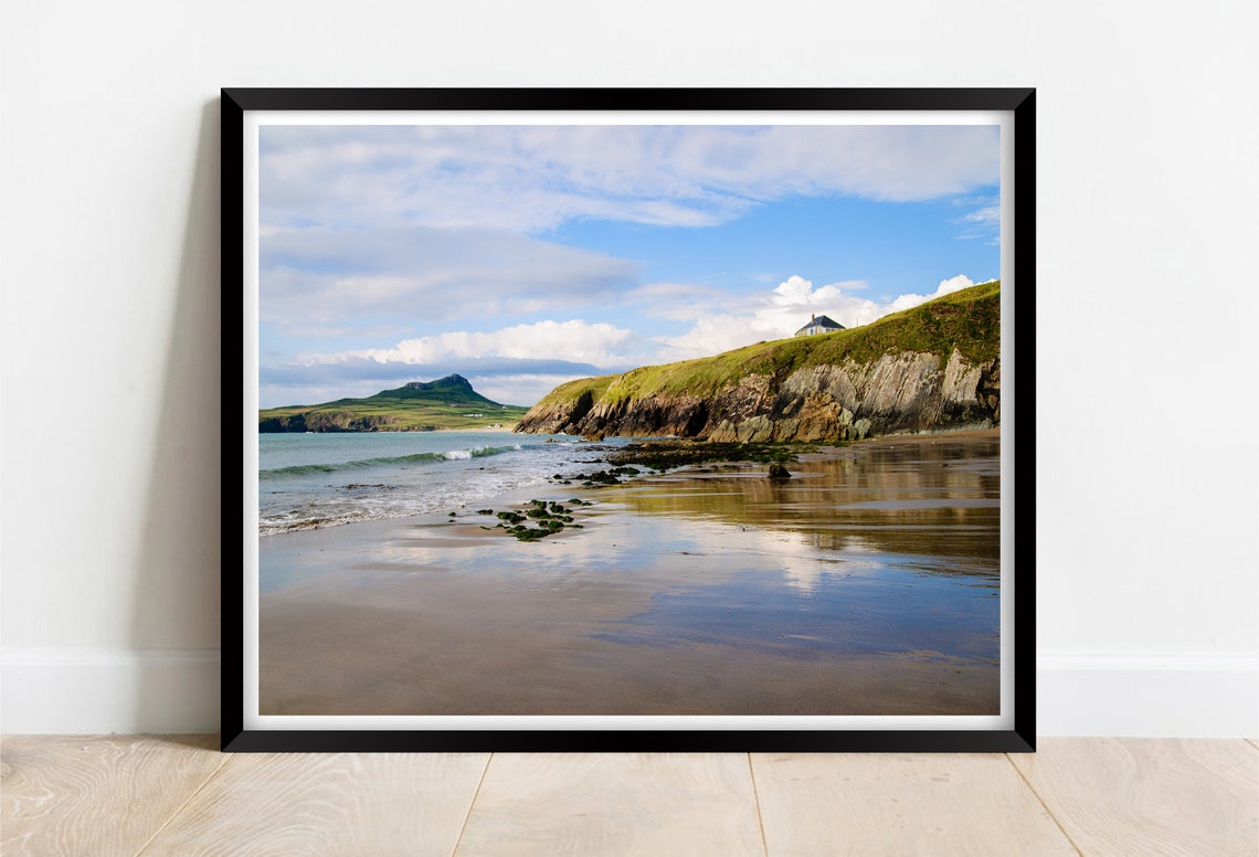 Porthlysgi Beach Mirror Reflections On Wet Sand Wales Poster