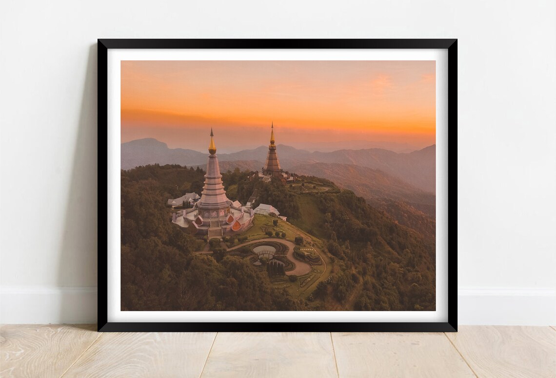Chiang Mai Thailand Twin Mountain Pagodas at Sunset View Poster