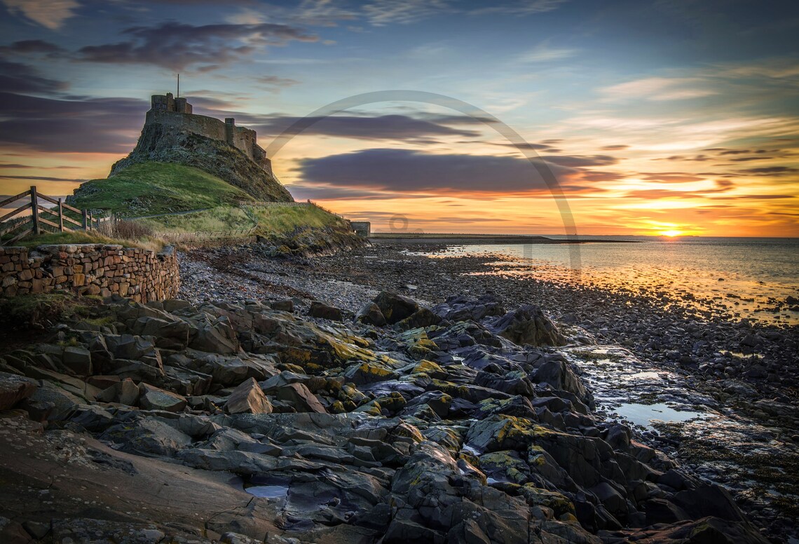 Lindisfarne Castle Holy Island At Sunset Over Rocky Shore Poster - Image 3