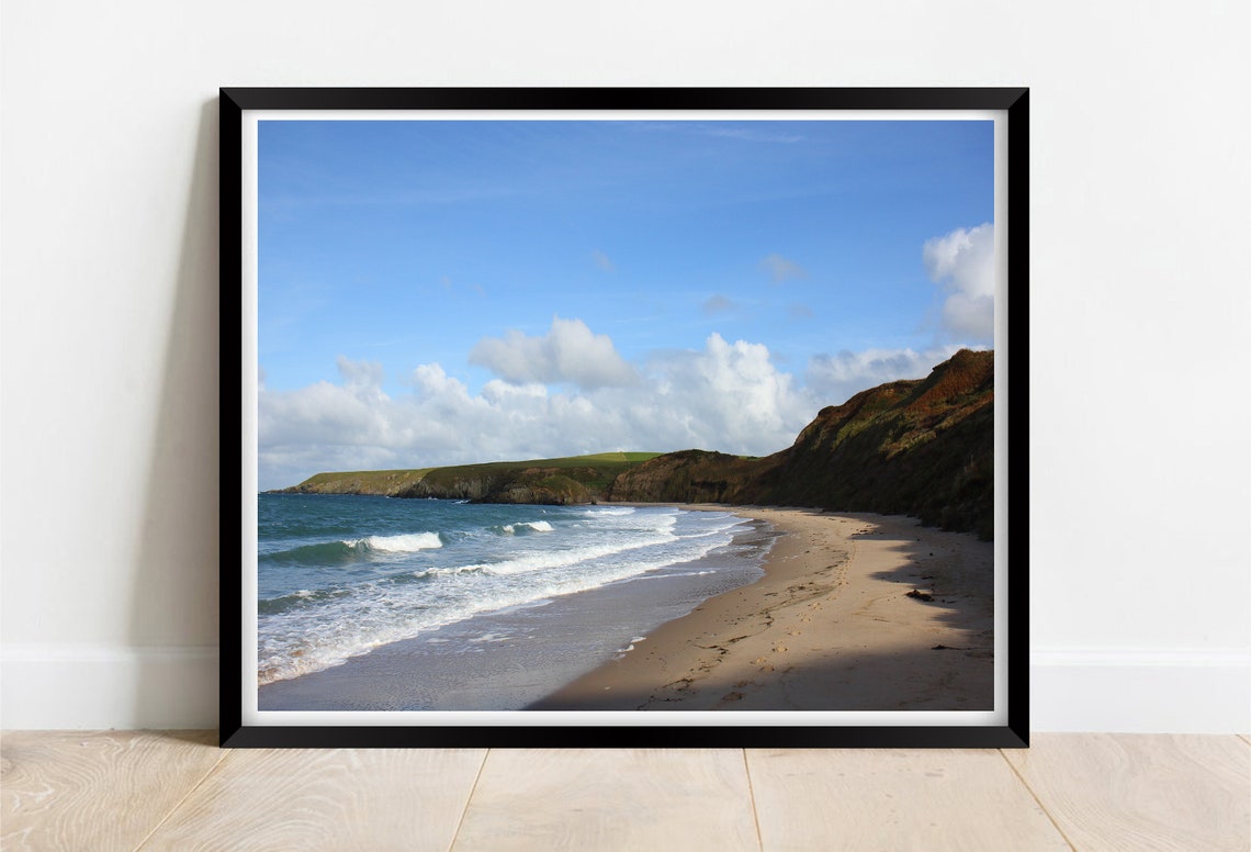 Traeth Porthor Beach Blue Waves And Green Cliffs Wales Poster