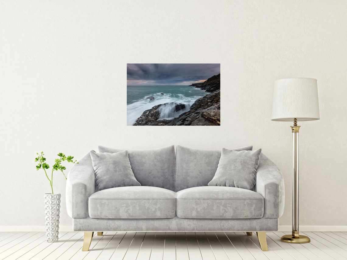Pentire Steps Beach St Eval Cornwall Stormy Waves Cliffs Poster - Image 2