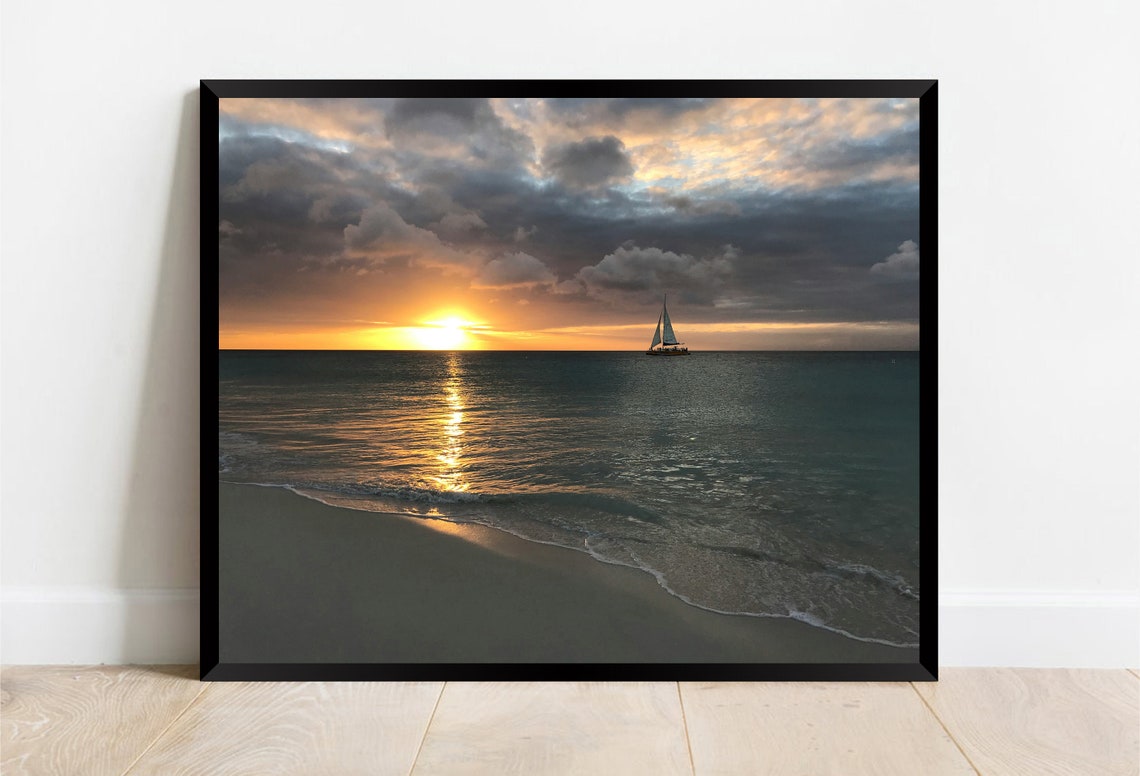 Eagle Beach Aruba Sunset Sailboat Tropical Golden Waves Poster - Image 3