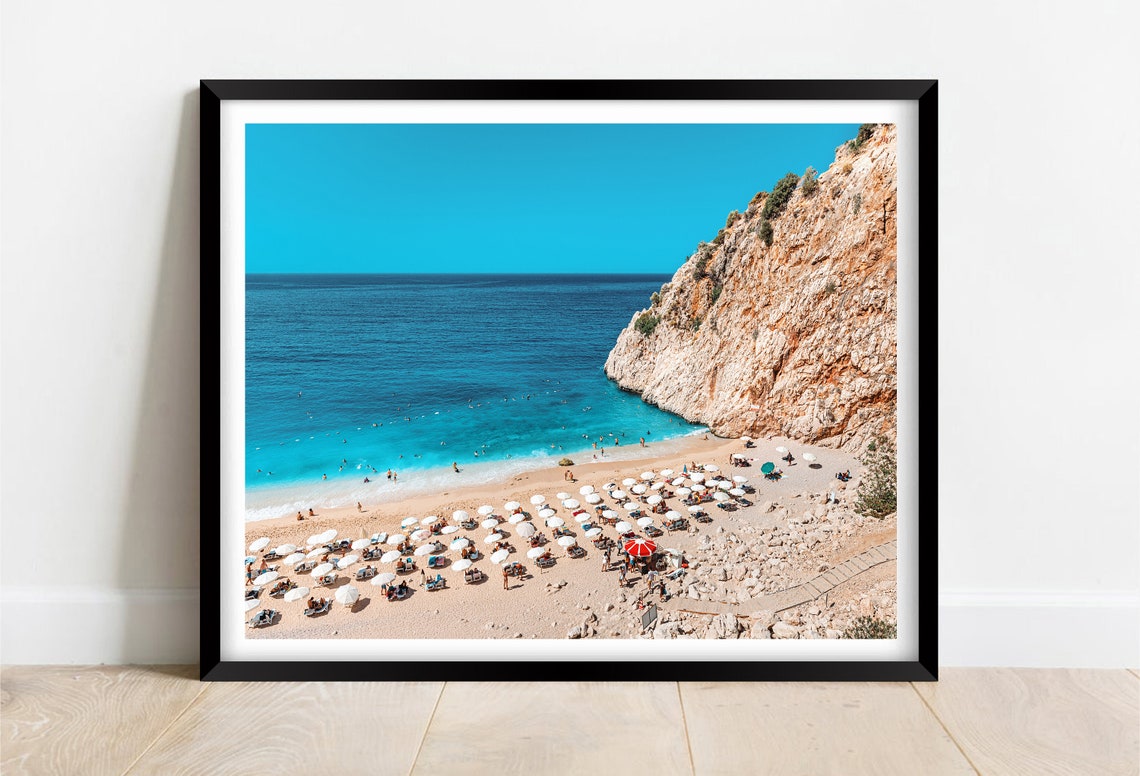 Kalkan Beach Turkey Turquoise Cove with Umbrellas and Cliff Poster