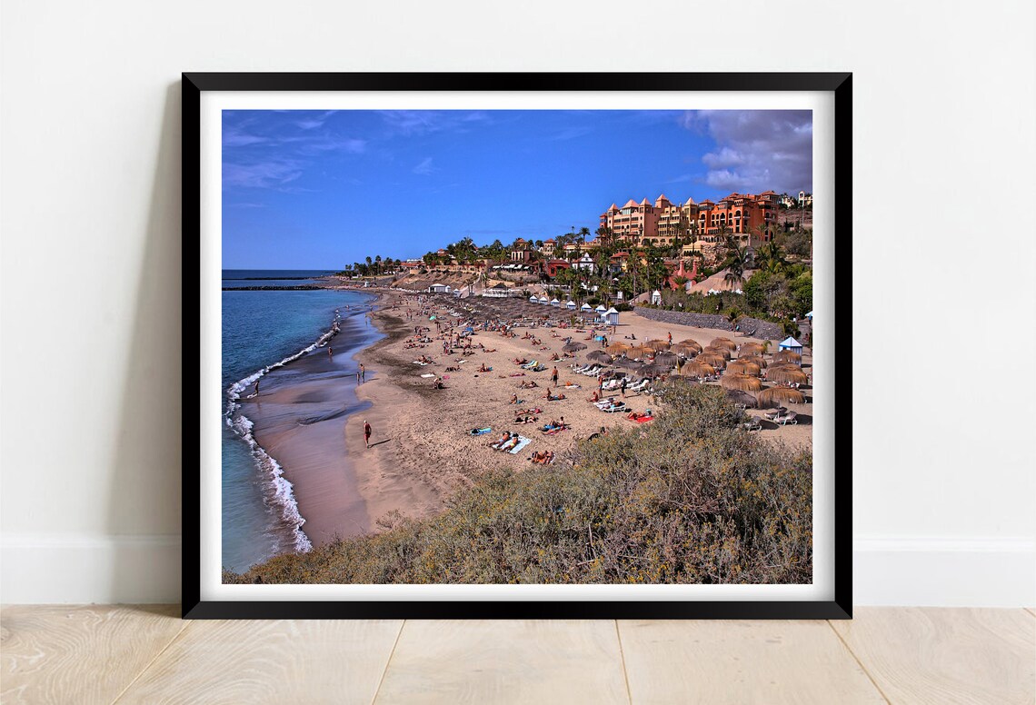 Los Cristianos Tenerife Busy Sandy Beach Sun Loungers Resort Poster