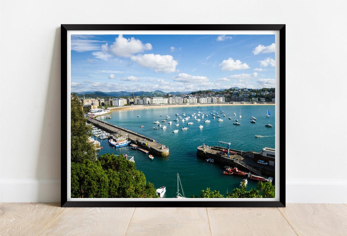 Curved Bay Beach Bustling Harbor Sailboats Bright Sunny Day Poster