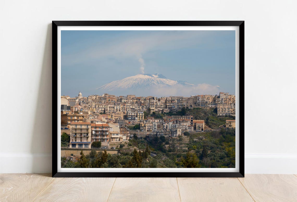 Snowy Mount Etna Smoking Over Italian Hillside Village Poster