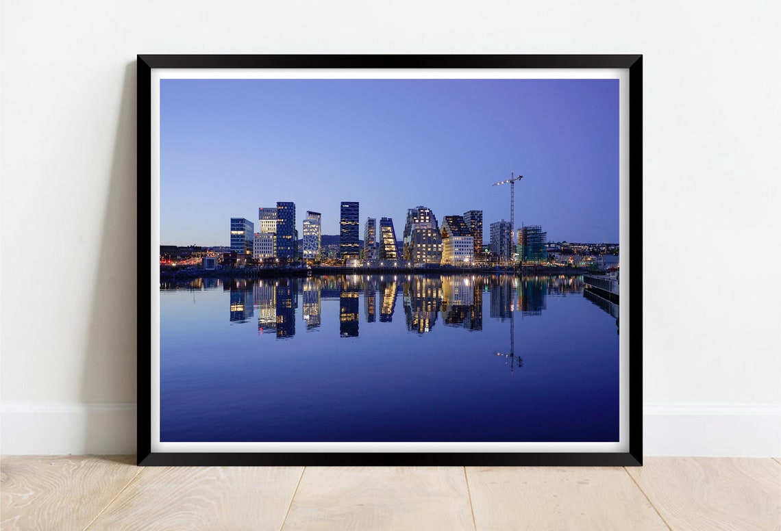 Oslo Norway Barcode Skyline Twilight Water Reflections Poster