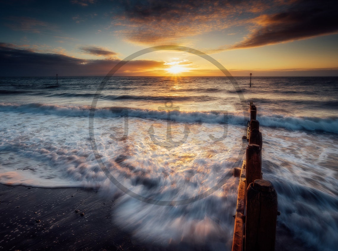 Teignmouth Beach Devon Sunset Surf with Wooden Groynes Poster - Image 3