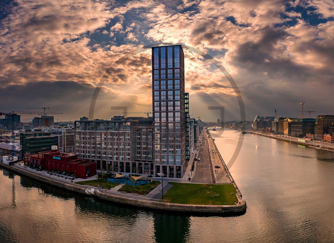 Dublin Docklands Ireland Modern Tower At Sunset Over The Liffey Poster - Image 3