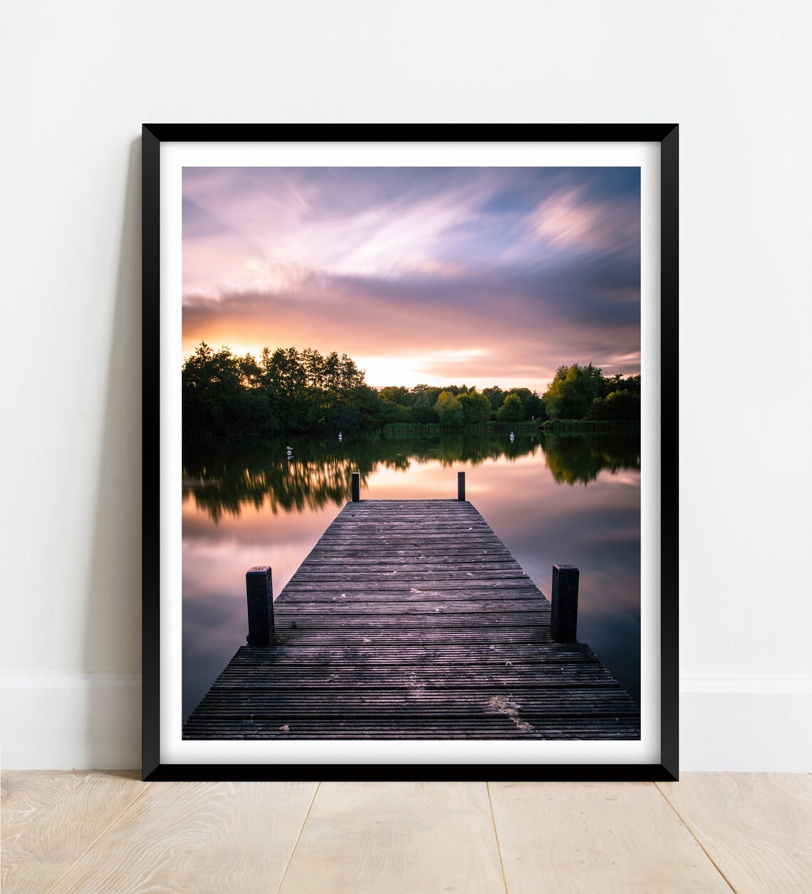 Wooden Pier Lake Sunset Purple Sky Mirror Still Water Poster