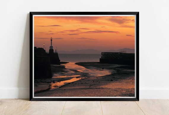 Maryport Harbour Cumbria Orange Sunset Lighthouse Silhouette Print