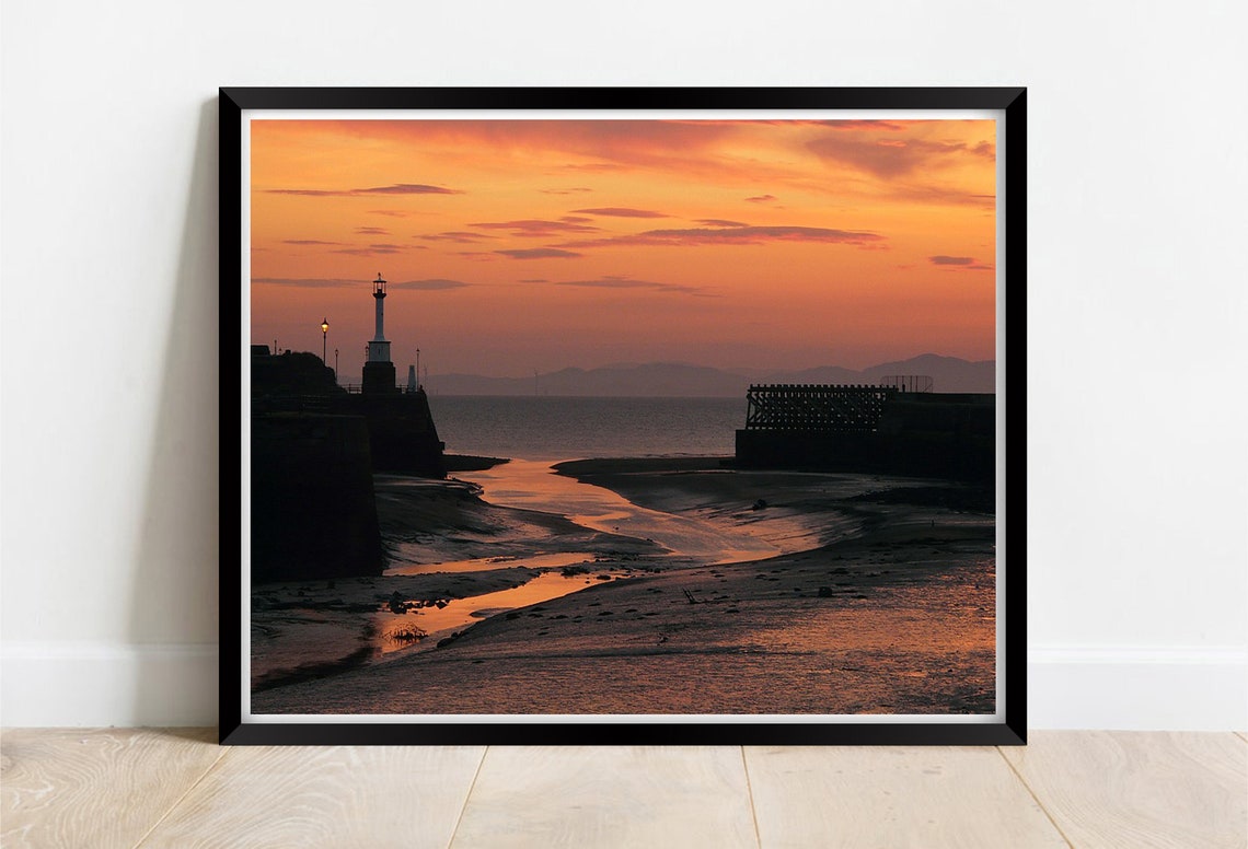 Maryport Harbour Cumbria Orange Sunset Lighthouse Silhouette Print