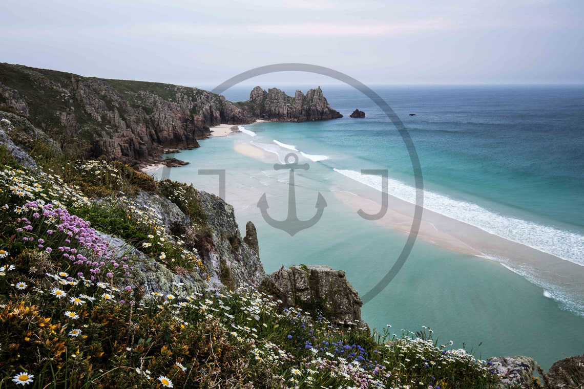 Pedn Vounder Beach Cornwall Dramatic Cliffs Turquoise Sea View Poster - Image 3