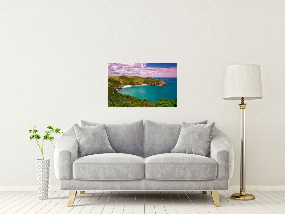 Lantic Bay Cornwall Turquoise Cove White Sand Pink Clouds Poster - Image 2