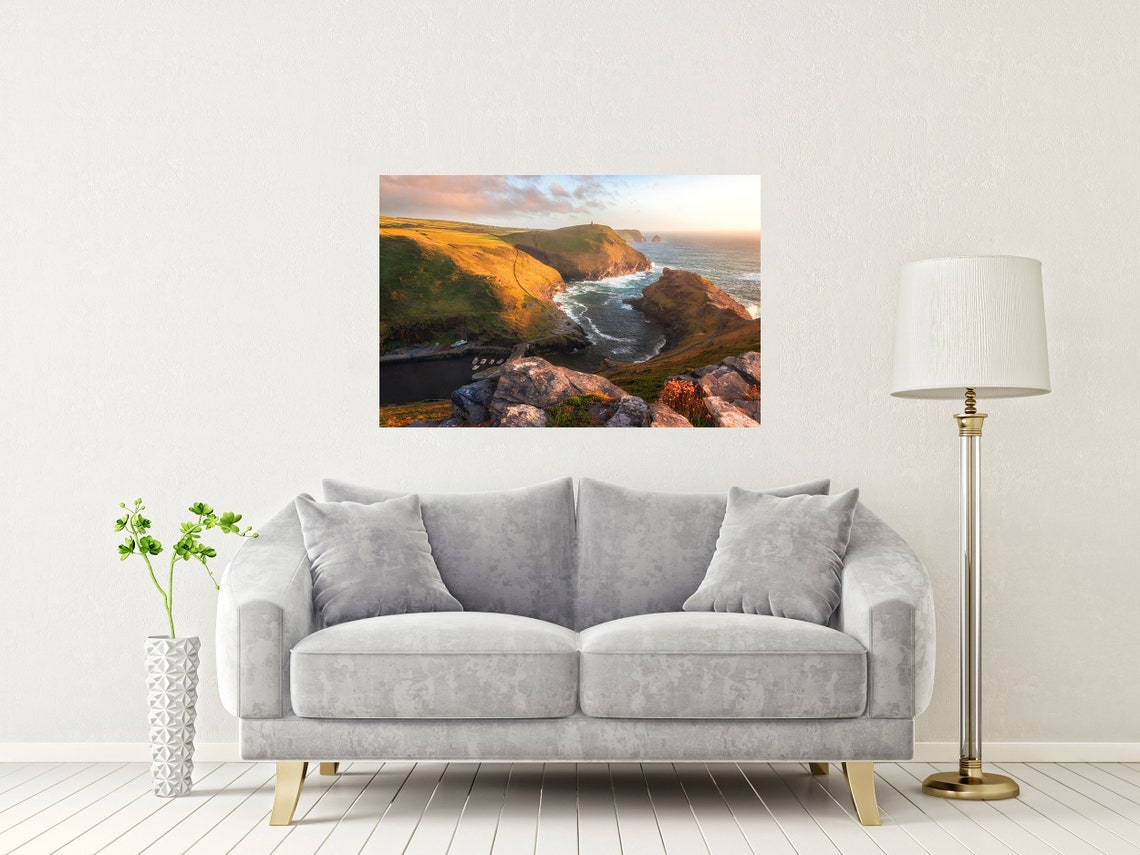 Boscastle Beach Cornwall Harbour Golden Cliffs Sunset Poster - Image 2